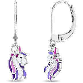 925 Sterling Silver Purple Unicorn Dangle Lever أقراط للفتيات - ظهور رافعة آمنة ومريحة - أقراط Lover Best for Little Girls و Pre Teens
