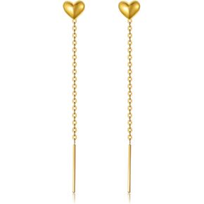 18K Gold Heart Threader Earrings, Yellow Gold Ear Line Dangle Drop Earrings Hypoallergenic Jewelry for Her, Teens