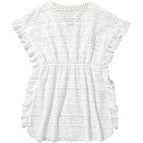 Milumia Girl's Ruffle Trim Short Short Sleeve Beach Cover Ups Crochet Cover Up Tops