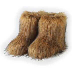 Women's Faux Fur Boot, Round Toe Suede, Warm Snow Comfy Plush Short Flat Mid-Calf Furry Fluffy Boots