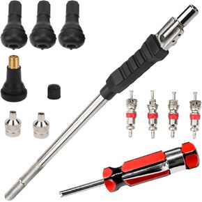 12 PCS Tire Valve Stem Tool Puller and Installer Kit, Remover and Installation Set Includes TR413 Tire Snap in Short Rubber Valve Stem, Valve Tool Kit with Off Set & Pivoting Head