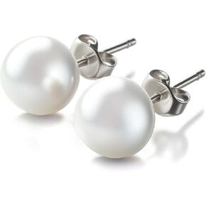 Nickel Free Sterling Silver White Freshwater Cultured Pearl Stud Earrings, Hypoallergenic Earrings with Genuine Cultured Pearls, Flat Back Button Pearl Earrings