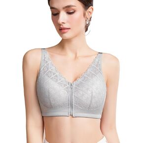Front Closure Mastectomy Bra,Post-Surgery Zip Bra with Pockets for Breast Prosthesis - Lace Surgical Everyday Bra for Women
