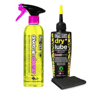 Muc-Off Bio Drivetrain Cleaner 500ml & Bio Dry Chain Lube 120ml Bundle with Microfiber Cloth | Biodegradable Drivetrain Cleaning & Lubrication Kit | Ideal for Dry, Dusty Conditions