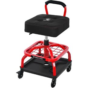 Rolling Shop Stool with Wheels, Garage Mechanic Shop Chair with Handle Backrest, Adjustable Height Work Stool, Roller Seat with Tool Tray Storage, Heavy Duty, 330 LBS Capacity, Black