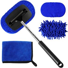 5 PCS Windshield Cleaner Tool, 40 Inch Microfiber Windshield Cleaning Tool with Extendable Handle, Windshield Cleaner Auto Inside Glass Glass Wiper Kit with Washable Microfiber Pads and Cloth