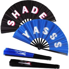 2 Pack Large Folding Hand Fan Men/Women Rave Fan, Chinese Kung Fu Tai Chi Hand Fan Black Vintage Foldable Hand Fans for Dancing, Festival, Gift, Home Decorations(Iconic & SLAY)