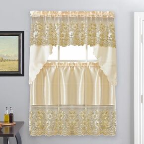 American Linen 3 Piece Embroidered Window Curtain Set, Valance and Tiers, with Embroidery Kitchen, Living Room or Bathroom Curtains, Valances (Yellow)