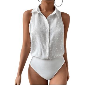 MakeMeChic Women's Collared Bodysuit Shirt Swiss Dots Sleeveless Button Front Tank Tops