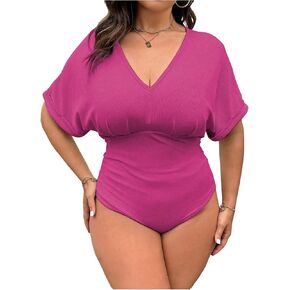 SOLY HUX Women's Plus Size V Neck Tummy Control Bodysuit Short Sleeve Ruched Leopard Tops