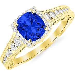 2.75 Carat Designer Halo Channel Set Round Diamond Engagement Ring with Milgrain 14K Gold with a 2 Carat Cushion Cut AAA Quality Blue Sapphire (Heirloom Quality)