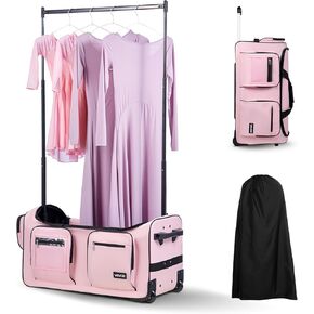 VEVOR Dance Bag with Garment Rack, 29 Inch Rolling Dance Duffel, with Wheels, USB Port, Height Adjustable Clothes Rack, Privacy Protection Curtain, Ideal for Travel and Competitions, Matte Pink