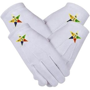 Masonic White OES Order Of The Eastern Star Cotton Gloves Embroidered Logo. (2 Pairs)