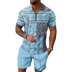 Men's 2 Piece Vacation Holiday Outfits Graphic Golf Shirts and Drawstring Shorts Clothing Set