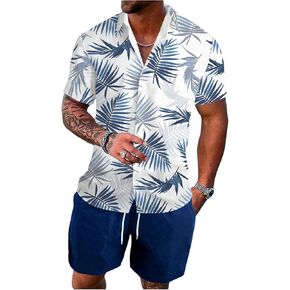 GORGLITTER Men's Plus Size Vacation Hawaiian Summer Beach 2 Piece Outfits Tropical Button Down Shirts and Shorts Set