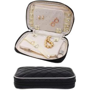 Travel Jewelry Organizer Elegant Travel jewelry case, Quilted Exterior, Padded for Protection - Keeps Your Earrings & Necklaces Organized and Secure, Jewelry Roll Travel Case Black