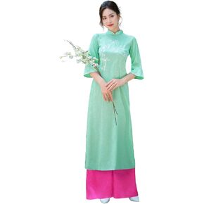 Mint Green Mai Embroidery Gấm Ao Dai Set w/Magenta Gấm Pants