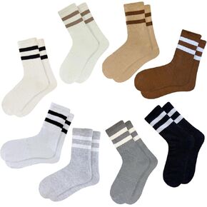 8 Pair Women's 2-Stripe Crew Socks Casual Athletic Socks for Women Girls