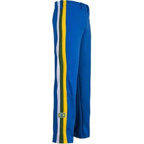 Authentic Brazilian Capoeira Martial Arts Pants - Unisex (Blue with Brazil National Colors on Vertical Leg Stripes) L