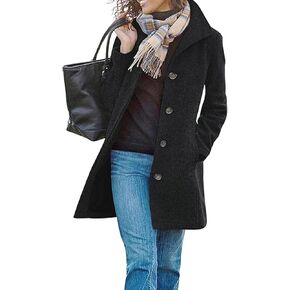 utcoco Women's Casual Thicken Single Breasted Pea Coat Stand Collar Mid Long Wool Coats with Pockets