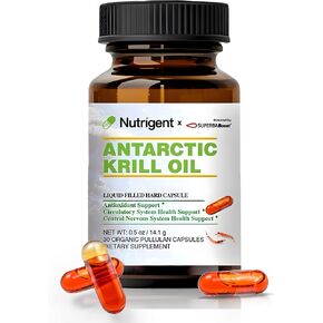 Antarctic Krill Oil 350 mg, Liquid Filled Organic Capsules, Omega-3 EPA, DHA, Astaxanthin and Phospholipids Supplement, Support Heart, Brain & Joint Health, No Fishy Aftertaste, 30 Count