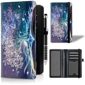 Leather Checkbook Cover for Men Women Personal Checkbook Holder RFID Blocking Check Book Holder Cover for Duplicate Checks,with A Pen,Purple Glitter Cat