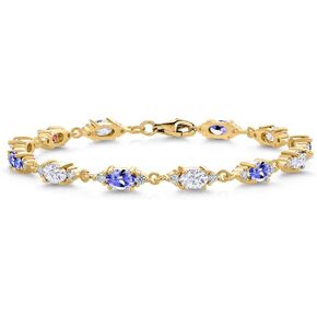 Gem Stone King Customized and Personalized Gemstone Birthstone and White Moissanite Tennis Bracelet For Women | 18K Yellow Gold Plated Silver | Oval 6X4MM | 6.5, 7, and 7.5 Inch