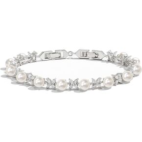 EVER FAITH Gorgeous Cubic Zirconia Wedding Jewelry for Bride Bridesmaid, Elegant Simulated Pearl Teardrop Tennis Bracelet Gift for Women