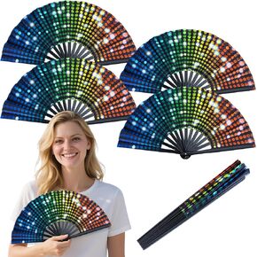 4 PCS Holographic Laser Colors Hand Fan Fan Handheld Fan Hand Hand Hand Fan for Line Dancing Festivals Rainbow Outfit