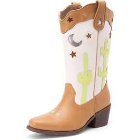 DREAM PAIRS Girls Cowboy Boots Cowgirl Mid Calf Western Boots with Low Heel Square Toe for Little Kid/Big Kid