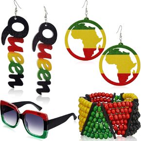 Zhanmai 4 PCS Juneteenth African Women Women Women Grouf Set Jamaica Accessories African Map Dangle & Queen Wooden Square Square Square Squele