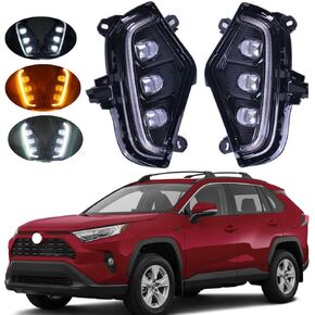 Pair Upgrade High-profile Version LED Daytime Running Lights Fog Lights Assembly Compatible with Toyota RAV4 2019-2022 With DRL Amber Turn Signal Lamps & 3 Eyes Rav4 Daylights with Bezel
