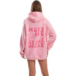 Women's Graphic Trendy Hoodie Pink Printing Hoodie Long Sleeve Pullover Beach Sweatshirt
