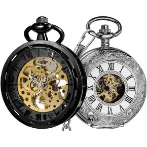 Vigoroso رجال كلاسيكي Steampunk Pocket Watch Black Handon Hand Wind Watches in Box Mens Pocket Watch مع سلسلة Half Half Hunter Double Cover Headon Watches Silver
