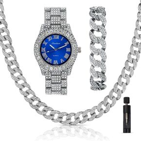 Iced Out 44mm dial contlulful gold مطلية كبيرة الماس رومون الروماني ساعة ، سلسلة قلادة الكوبية الكاملة 18 بوصة ، مجموعة هدايا بلينج الفاخرة الفاخرة