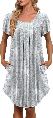 Women's Pleated Front Loose Fit Short Sleeve Nightgowns Sleep Dress with Hand Pockets (S - 5XL) in Saudi Arabia