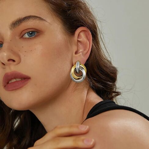 Clip on Earrings for Women Hypoallergenic Two Tone Clip on Earrings Gold and Silver Drop Dangle Earrings Mixed Metal Jewelry for Women Fashion Trendy Jewelry Gifts in Saudi Arabia