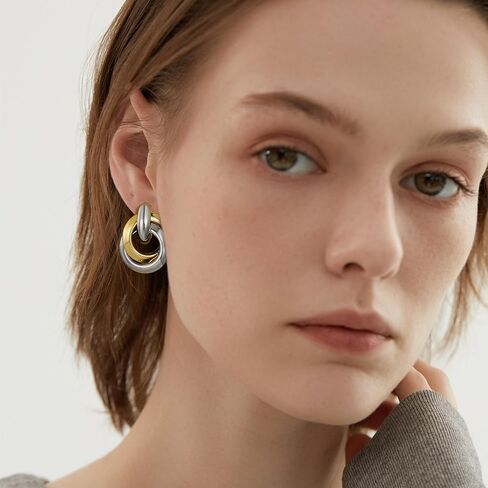 Clip on Earrings for Women Hypoallergenic Two Tone Clip on Earrings Gold and Silver Drop Dangle Earrings Mixed Metal Jewelry for Women Fashion Trendy Jewelry Gifts in Saudi Arabia
