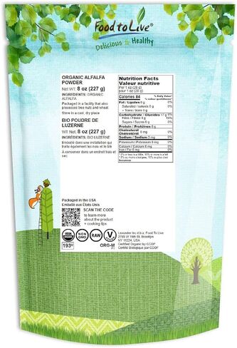 Food to Live Organic Alfalfa Powder, 8 Ounces - Non-GMO, Made from Raw Dried Whole Young Leaves, Vegan, Bulk, Great for Baking, Juices, Smoothies, Shakes, Tea, Drinks. for Dietary Fiber and Protein in Saudi Arabia