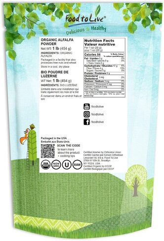 Food to Live Organic Alfalfa Powder, 8 Ounces - Non-GMO, Made from Raw Dried Whole Young Leaves, Vegan, Bulk, Great for Baking, Juices, Smoothies, Shakes, Tea, Drinks. for Dietary Fiber and Protein in Saudi Arabia