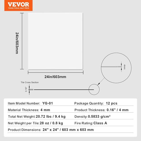 VEVOR 12-Pack 24 x 24 in Drop Ceiling Tiles - Premium PVC Foam Sheet, Fire-Rated & Flexible, Easy Installation, Home/Office Decoration, Smooth White in Saudi Arabia