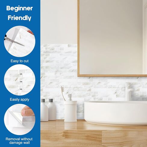 Yipscazo 10 Sheets Peel and Stick Backsplash for Kitchen Wall, 12''x12'' Waterproof Stick on Backsplash Smart Tiles for Bathroom,Removable Backsplash Wall Tiles in Slate White Marble in Saudi Arabia