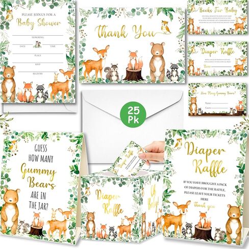 127 Pc Jungle Safari Baby Shower Invitations For Boy And Girl With Envelopes, Thank You Cards, Baby Book Request Cards, Diaper Raffle Tickets & Sign, Guess How Many Baby Shower Game -25 Guest Set in Saudi Arabia