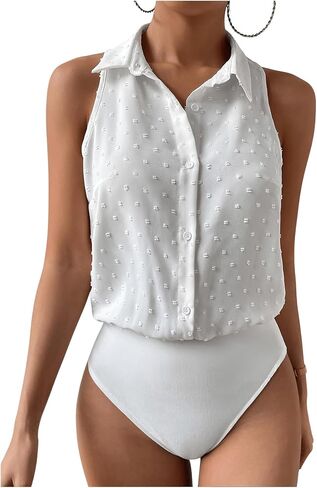 MakeMeChic Women's Collared Bodysuit Shirt Swiss Dots Sleeveless Button Front Tank Tops in Saudi Arabia