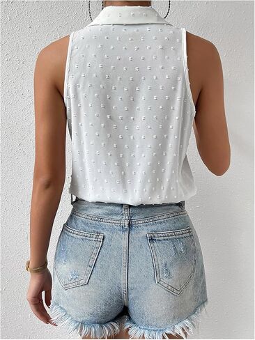 MakeMeChic Women's Collared Bodysuit Shirt Swiss Dots Sleeveless Button Front Tank Tops in Saudi Arabia