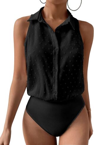 MakeMeChic Women's Collared Bodysuit Shirt Swiss Dots Sleeveless Button Front Tank Tops in Saudi Arabia