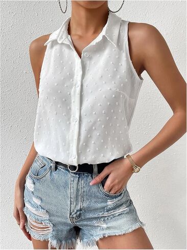 MakeMeChic Women's Collared Bodysuit Shirt Swiss Dots Sleeveless Button Front Tank Tops in Saudi Arabia