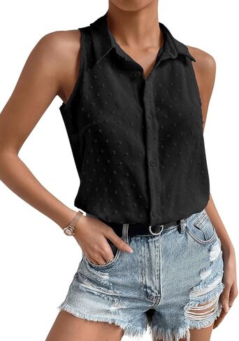 MakeMeChic Women's Collared Bodysuit Shirt Swiss Dots Sleeveless Button Front Tank Tops in Saudi Arabia