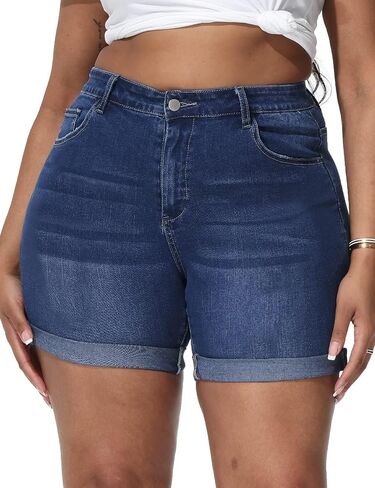 Womens Plus Size Jean Shorts Stretchy High Waisted Distressed Fold Hem Denim Shorts in Saudi Arabia