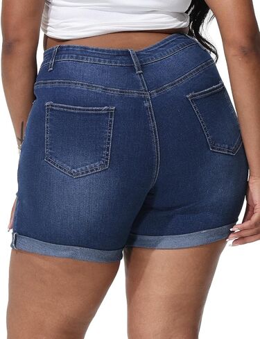 Womens Plus Size Jean Shorts Stretchy High Waisted Distressed Fold Hem Denim Shorts in Saudi Arabia